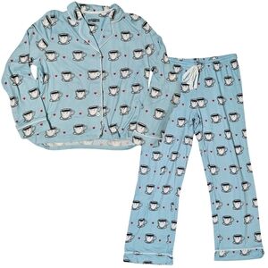 PJ SALVAGE Coffee Pajama Set 2-Piece Long Sleeve/Drawstring Pants Women Blue ☕
